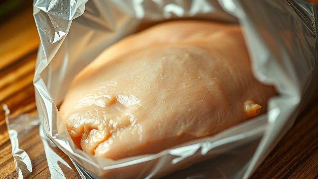 Ultra-close-up, photorealistic shot of a chicken breast being pounded to 1 cm thickness under a freezer bag, showing the texture of the chicken and the slight indentation from a meat mallet. Warm golden yellow (#fdc754) tones throughout. 16:9 widescreen aspect ratio, no text.