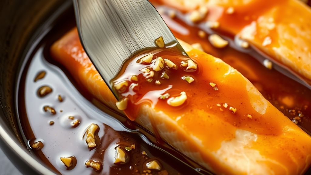 Ultra close-up shot of salmon fillets being coated in a rich, glossy Asian marinade inside a shallow bowl. The texture of grated ginger and crushed garlic is visible, with a warm golden yellow (#fdc754) glow on the sauce. 16:9 aspect ratio.