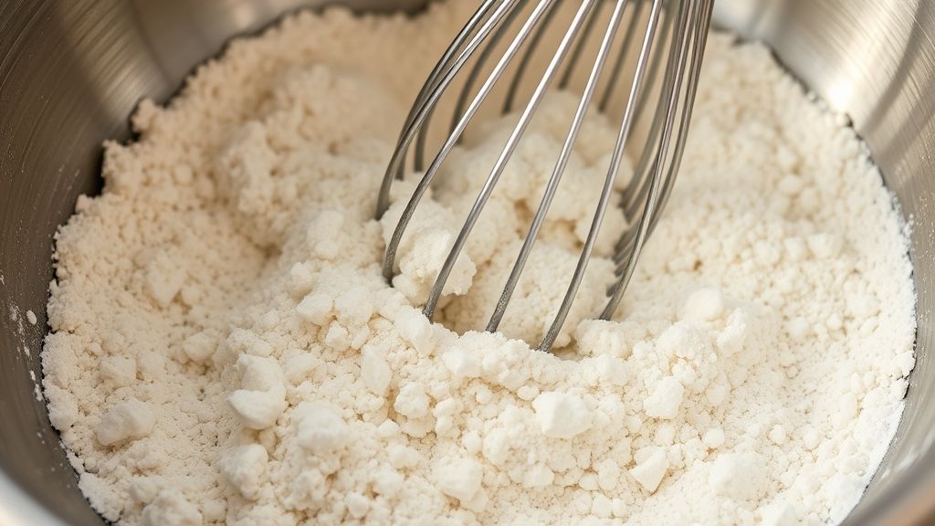 A close-up shot of a large stainless steel mixing bowl containing all-purpose flour, granulated sugar, baking powder, and salt. A balloon whisk is actively stirring the dry ingredients, creating a fine, uniform mixture. Bright, natural lighting highlights the powdery texture.