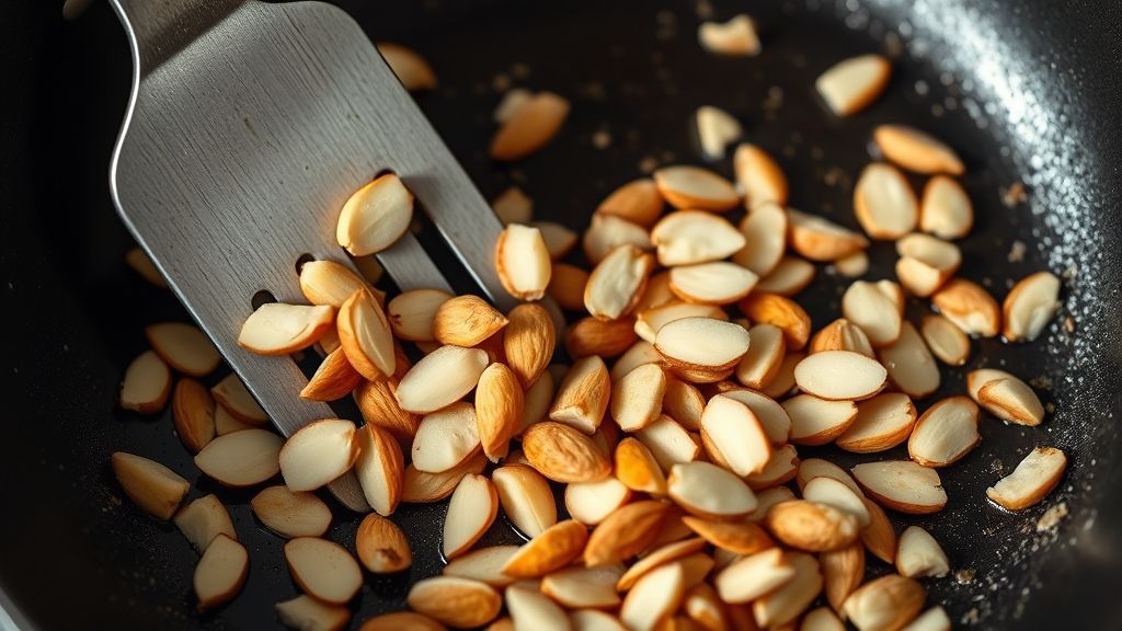 Close-up, overhead shot of sliced almonds being stirred in a warm, non-stick skillet over a medium-high flame, golden brown and fragrant, with a spatula gently moving them around.