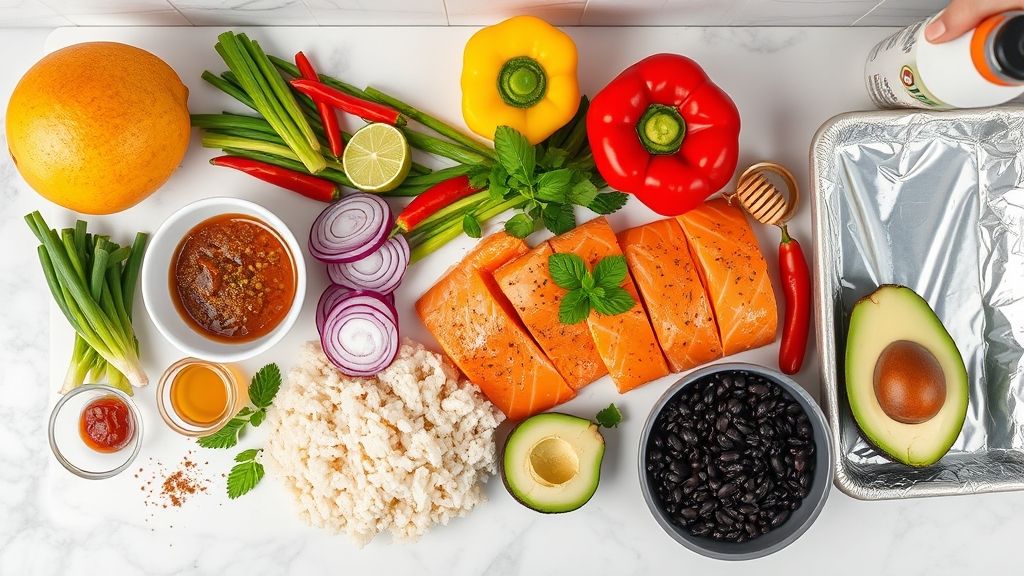 A flat lay shot showing a clean, organized kitchen counter with all the ingredients for BBQ Salmon Bowls neatly arranged. This includes fresh mango, red bell pepper, green onions, lime, habanero, basil, honey, salmon fillets, jasmine rice, black beans, avocado, red onion, and various spices. A rimmed baking sheet lined with foil and a bottle of cooking spray are also visible.