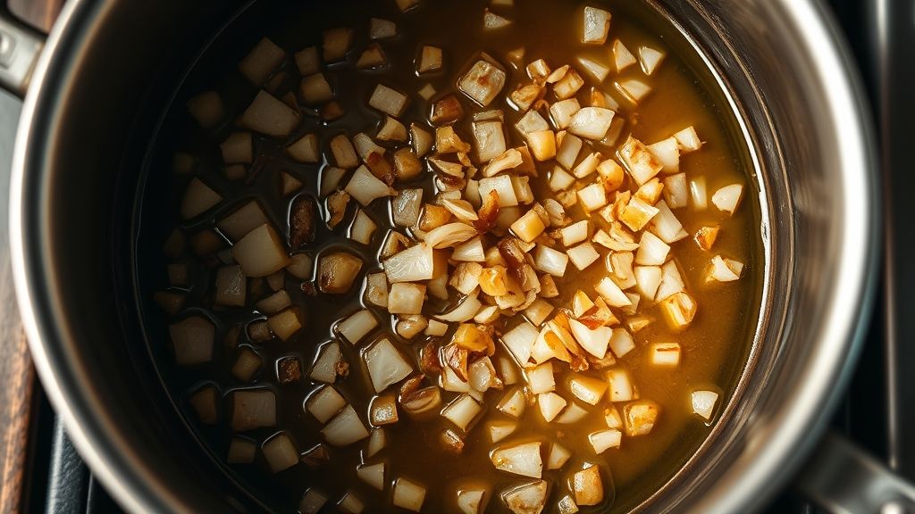 Una toma cercana desde arriba de cebollas marrones picadas y ajo picado friendose suavemente en aceite vegetal dentro de una olla grande de base pesada a fuego medio-alto en una estufa. Los ingredientes están ligeramente translúcidos y fragantes, mostrando las etapas iniciales de ablandamiento. Una luz suave y cálida desde arriba resalta las texturas.