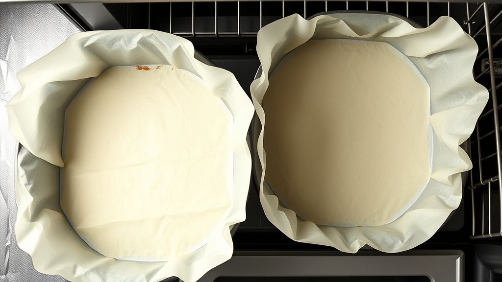 A professional, brightly lit overhead shot of two 38x25 cm jelly roll pans, each perfectly lined with a sheet of parchment paper, slightly greased and ready for cake batter. The corner of an oven is visible in the background, implying preparation.