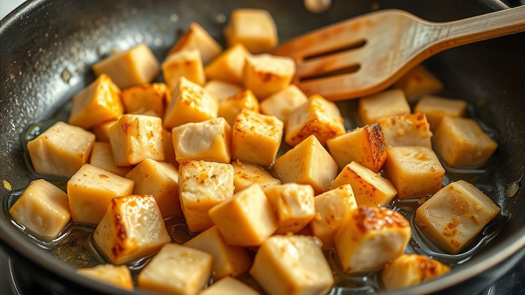 Photorealistic, close-up shot of cubed chicken breast browning in a large, hot skillet with coconut oil. The chicken pieces show a golden-brown crust. The skillet is on a stovetop, with a spatula gently stirring. Steam rising. Good lighting.