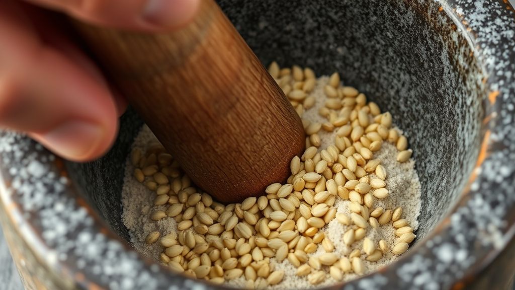A close-up, clear shot of a hand using a mortar and pestle to crush small celery seeds and caraway seeds. The seeds are visibly breaking down into a fine powder within the sturdy, textured bowl of the mortar.