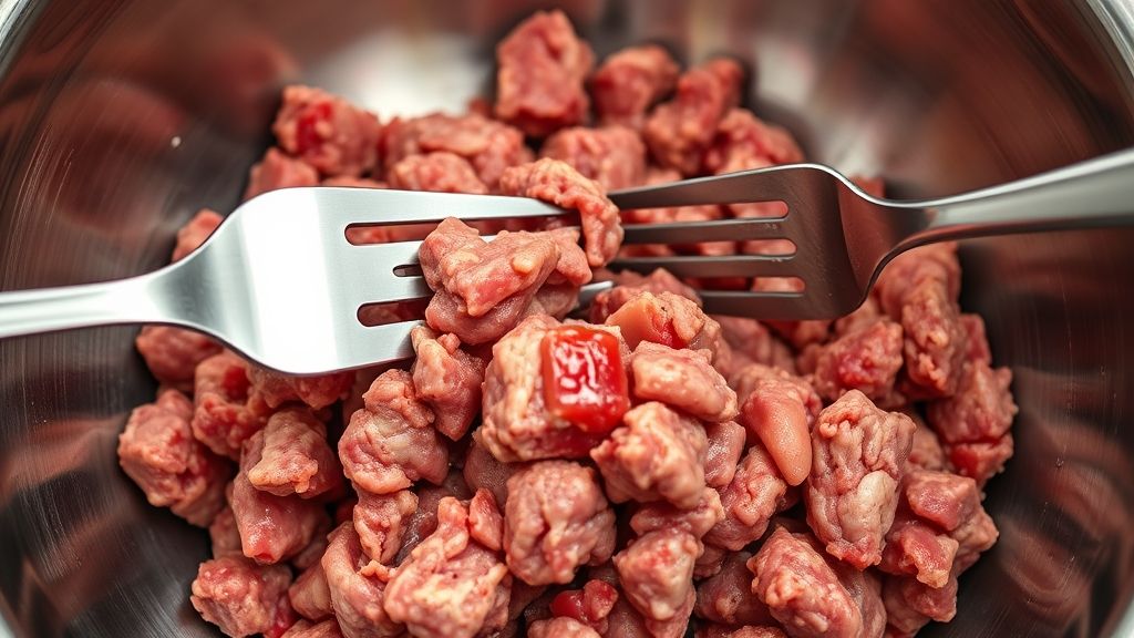 A close-up, top-down shot of a large stainless steel mixing bowl containing raw ground beef and ground pork being gently mixed together with a fork. The meat is starting to combine, showing a slight marbling effect.