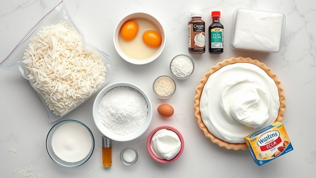 Ein Flat-Lay-Bild, das alle Zutaten für Kokosnuss-Sahne-Torte zeigt, die ordentlich auf einer sauberen Küchenarbeitsplatte ausgelegt sind. Die Zutaten umfassen eine Tüte Kokosnussflocken, einen Karton Halb-und-Halb, eine Schüssel mit weißem Zucker, eine Schüssel mit Mehl, Eier, einen Salzstreuer, eine Flasche Vanilleextrakt, einen vorgebackenen Tortenboden und einen Behälter mit gefrorenem Schlagsahnetopping.