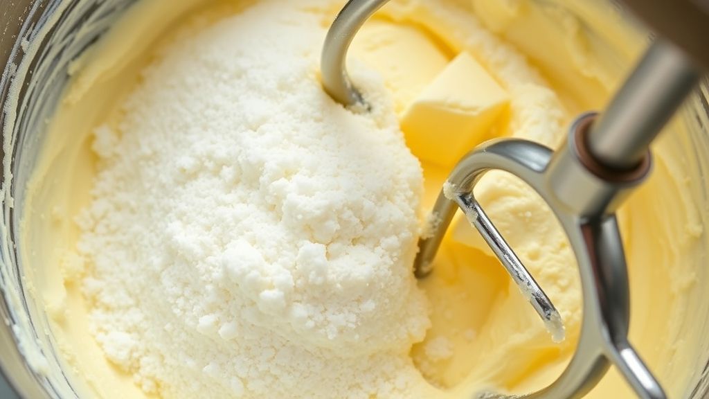 Creaming butter and sugar in a stand mixer until light and fluffy