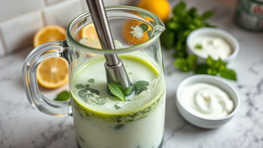 Making mint yogurt sauce with a stick blender