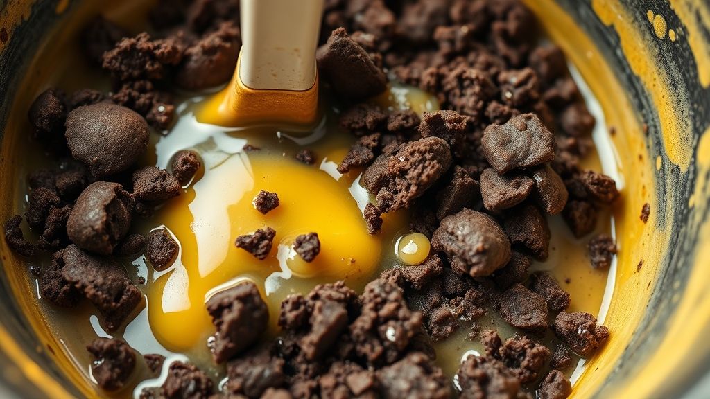 An ultra-close-up shot of dark chocolate cookie crumbs being mixed with golden melted butter in a medium mixing bowl, showing the moist, rich texture. The aesthetic features tones of golden yellow (#fdc754) in a 16:9 widescreen aspect ratio, highlighting the crumbs and butter.