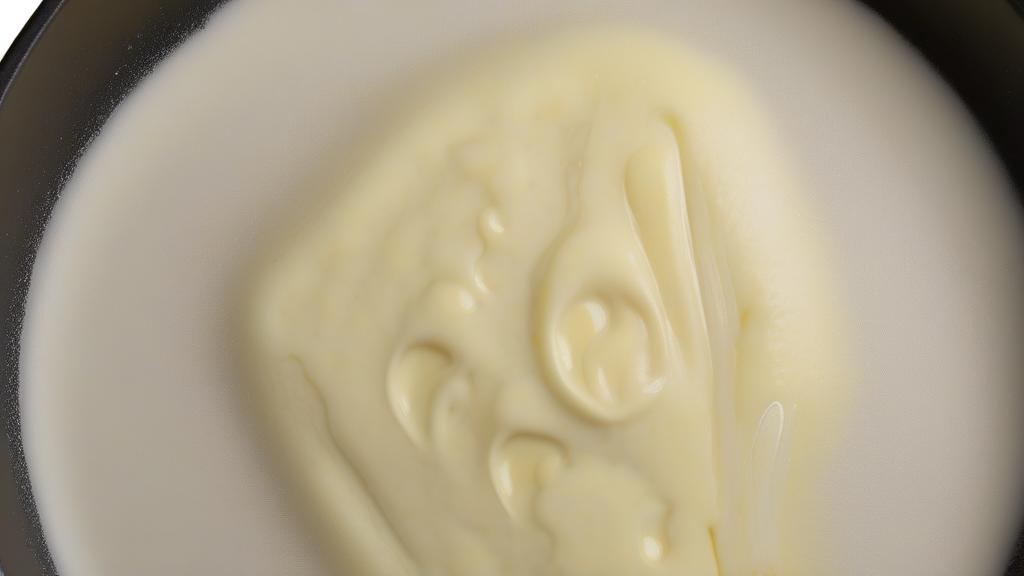 Eine Nahaufnahme von oben, die zeigt, wie ungesalzene Butter in einer glänzenden T-fal Antihaft-Pfanne schmilzt und langsam braun wird, wobei der Schaum sich setzt und die Milchfeststoffe bernsteinfarben werden, mit subtiler goldgelber Beleuchtung. Fotorealistisch, 16:9 Breitbild, kein Text.