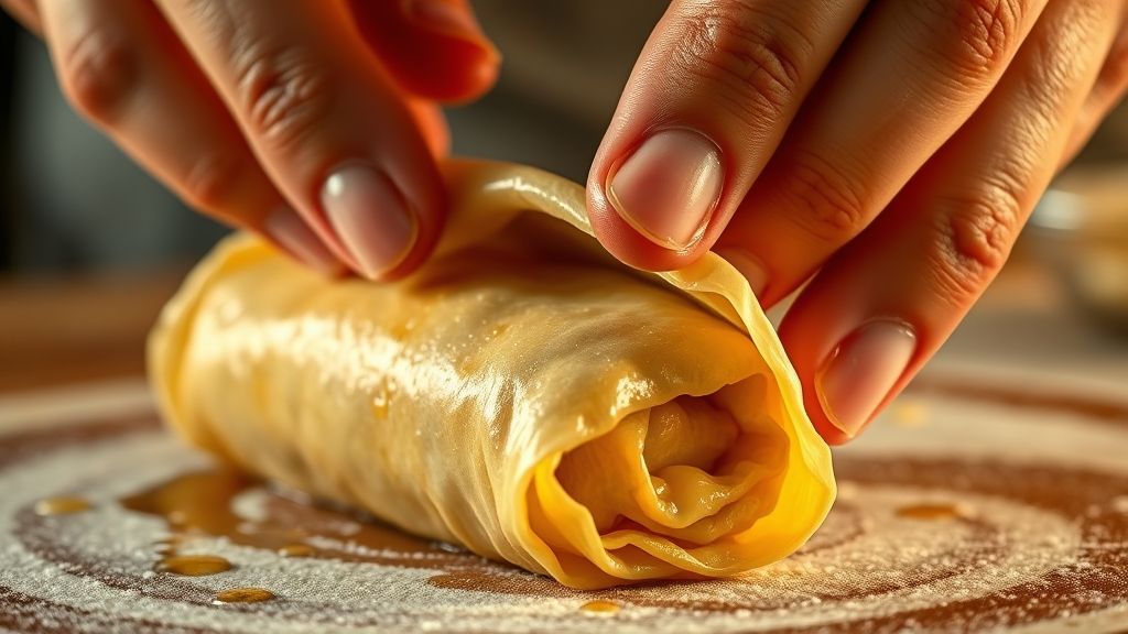 Ultra-close-up, photorealistic, 16:9 shot showing the meticulous process of rolling an apple pie egg roll. Fingers are gently sealing the edges with beaten egg, and the wrapper is expertly folded over the filling into a neat, tight cylinder. The golden yellow lighting highlights the crisp wrapper texture, no text.