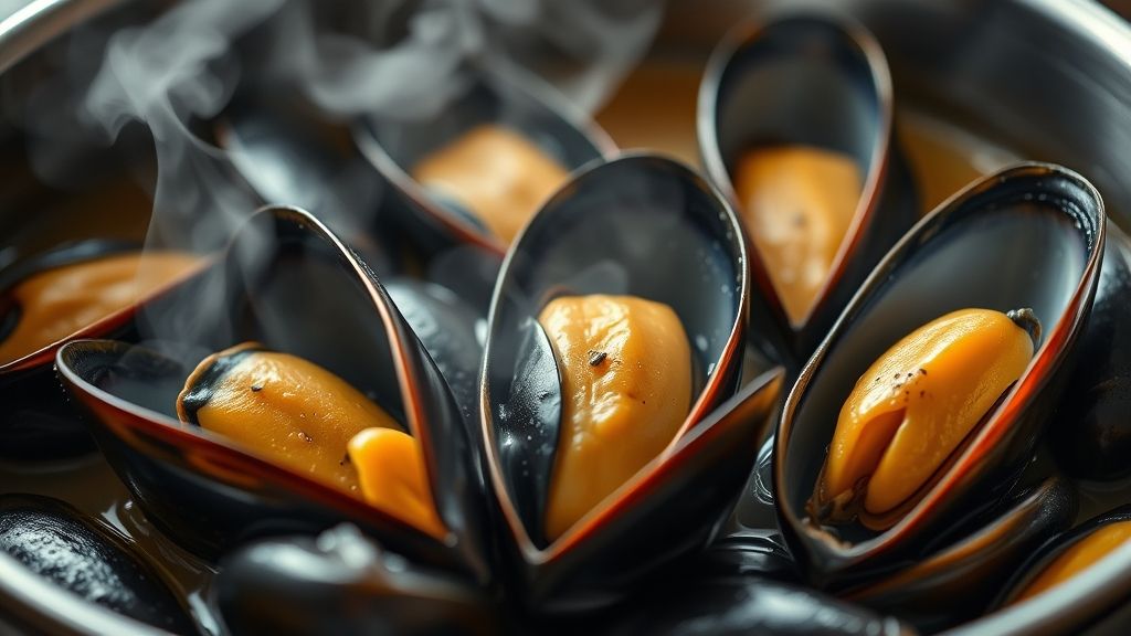 Primerísimo plano de varios mejillones en la olla, ahora completamente cocidos al vapor y gloriosamente abiertos, revelando sus interiores jugosos. El vapor se eleva y el caldo burbujea suavemente alrededor de ellos, iluminado por un cálido brillo dorado. Fotorealista, pantalla panorámica 16:9.