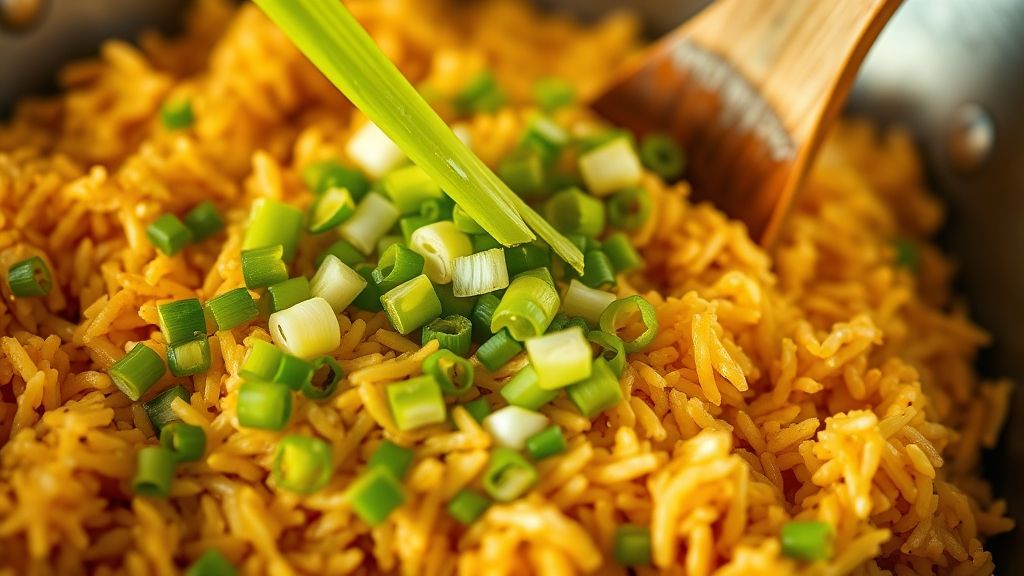 Ultra-close-up, photorealistic 16:9 image of freshly chopped bright green onions being stirred into the hot fried rice, adding a final touch of color and freshness. Golden-yellow (#fdc754) lighting. No text.