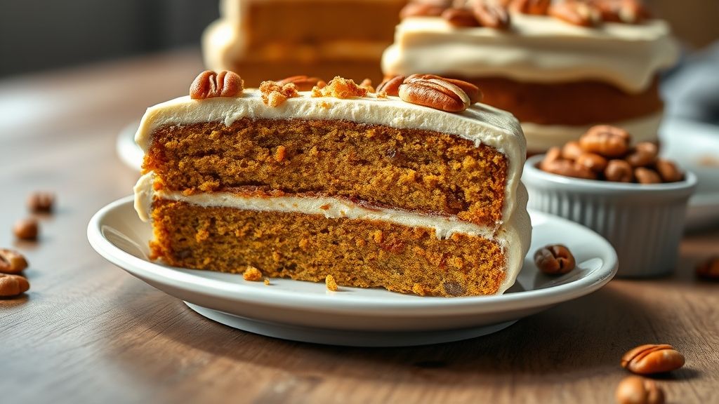 A beautifully sliced piece of pumpkin layer cake on a small dessert plate, revealing distinct layers of cake, frosting, and toffee pecans. The main cake, slightly blurred in the background, shows where the slice was cut. A small ramekin of extra toffee pecan crumble sits nearby.