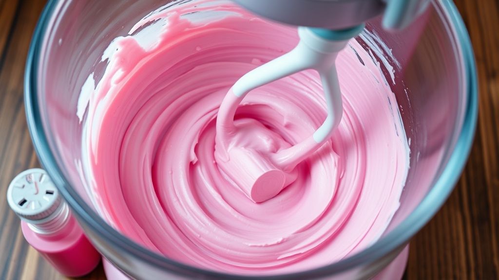 Preparing pink buttercream frosting in a stand mixer
