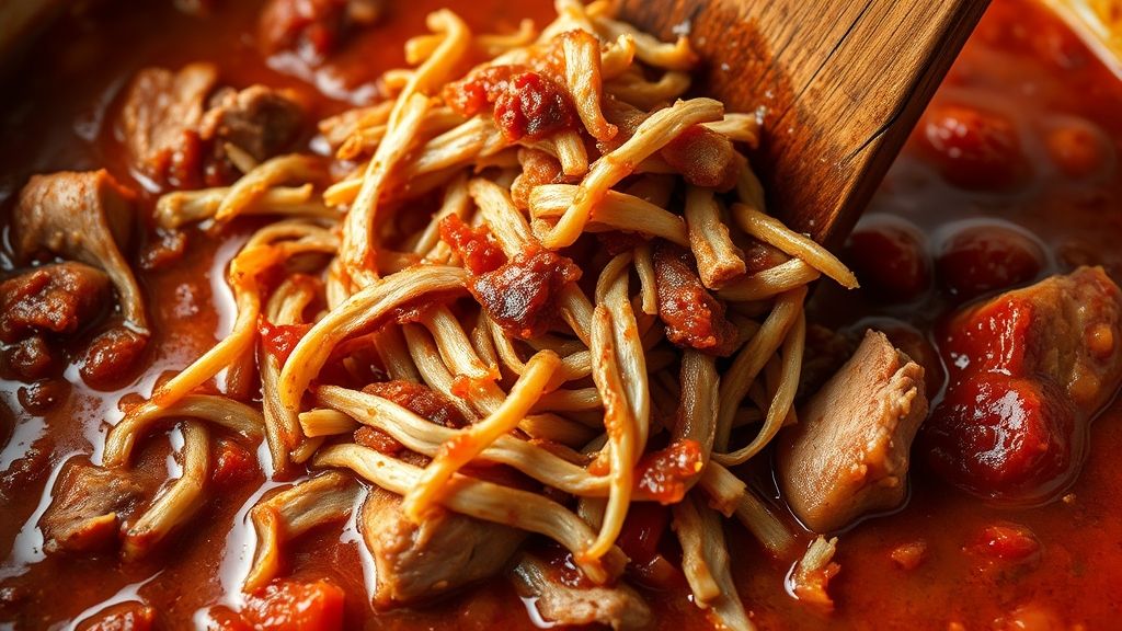 Ultra-Nahaufnahme, fotorealistisches 16:9-Bild von zerkleinertem Schweinefleisch, zart und vom Knochen fallend, das sanft zurück in die reichhaltige, lange köchelnde italienische Sonntagssauce gerührt wird. Die Fleischfasern sind mit der dicken, köstlichen Sauce überzogen. Die Szene ist warm und einladend mit goldgelben (#fdc754) Untertönen.