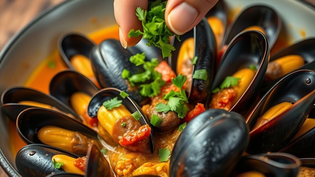 Primerísimo plano de un gran y hermoso cuenco de servir rebosante de mejillones abiertos y caldo de chorizo sabroso. Una mano está esparciendo perejil fresco y vibrante picado de color verde sobre el plato, creando un contraste impresionante contra los tonos dorados. Fotorealista, pantalla panorámica 16:9.