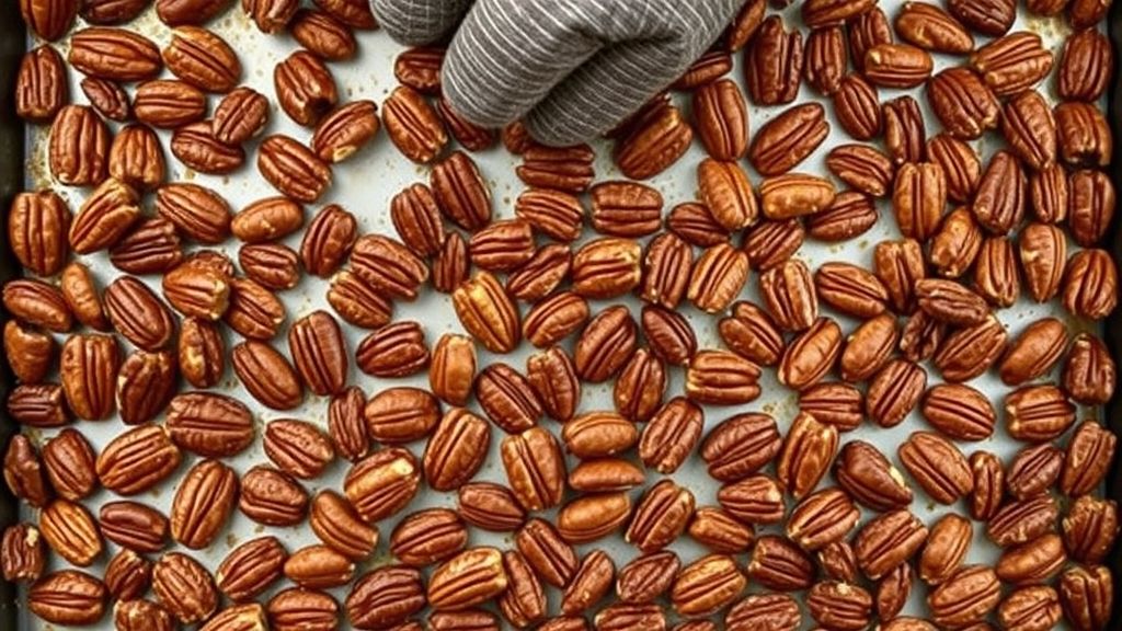 An overhead shot of whole pecans spread in a single layer on a baking tray, freshly roasted with a slight golden hue, emitting a warm, inviting aroma. A timer or oven mitts might be subtly placed nearby.