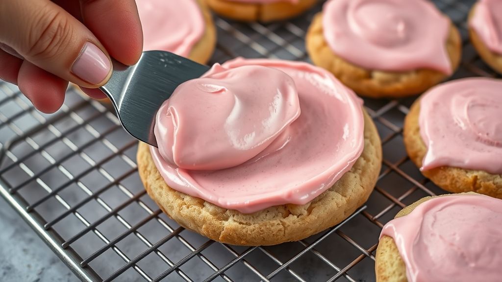 Generously frosting a cooled giant sugar cookie with pink frosting