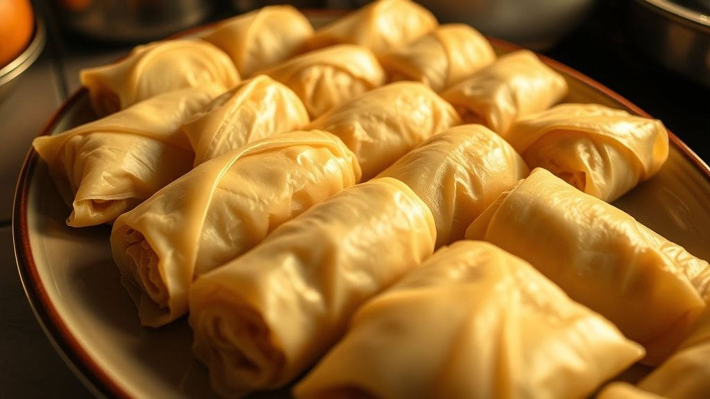 Ultra-close-up, photorealistic, 16:9 shot of several perfectly rolled, uncooked apple pie egg rolls neatly lined up on a large ceramic plate, ready for frying. The wrappers are taut and filled. The scene is bathed in warm, golden yellow light, emphasizing the repetition and anticipation, no text.