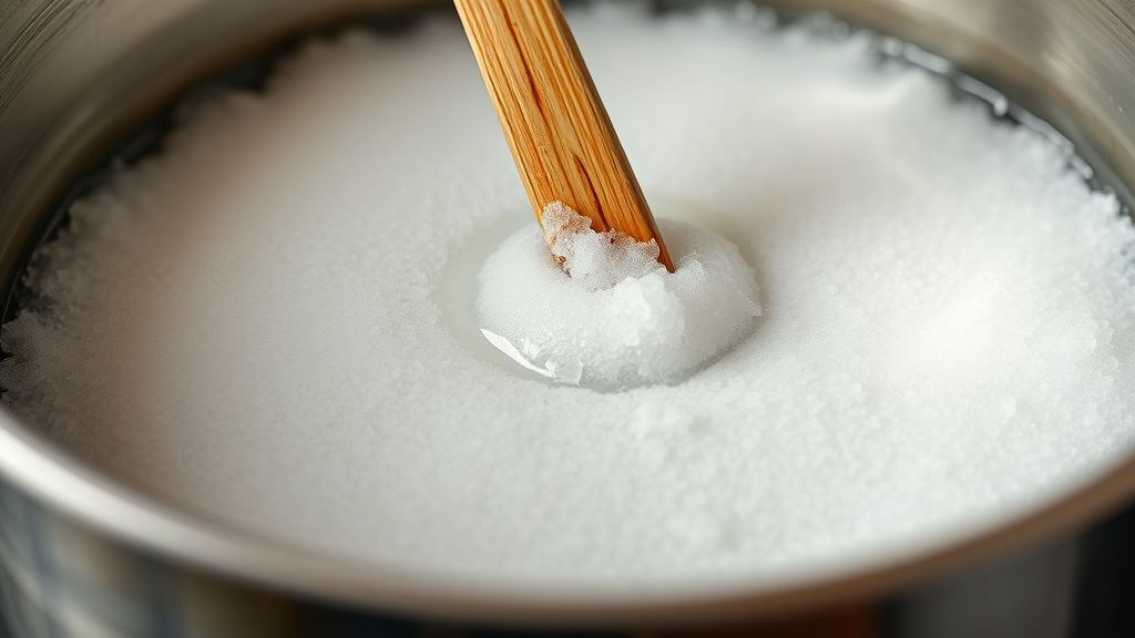 A close-up shot of white sugar melting in a large stainless steel saucepan over medium-low heat. The edges of the sugar are visibly liquefying into a clear, bubbling syrup, while a wooden chopstick gently nudges the unmelted sugar towards the heat.