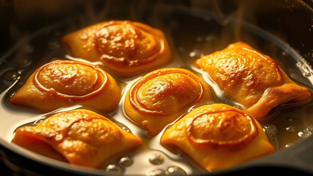 Ultra-close-up, photorealistic, 16:9 shot of several apple pie egg rolls sizzling and turning a rich golden brown in hot oil within a Lodge 6 Quart Enameled Cast Iron Dutch Oven. Tiny bubbles dance around them, indicating perfect frying. The scene is awash in vibrant golden yellow light, capturing the crisping process, no text.