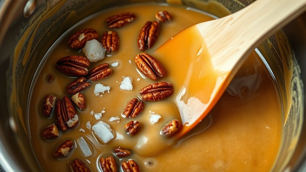 A close-up action shot inside a saucepan, where toasted pecans and salt are rapidly being stirred into a hot, pale golden toffee syrup using a heat-resistant rubber spatula. The mixture is glossy and sticky, about to be spread.