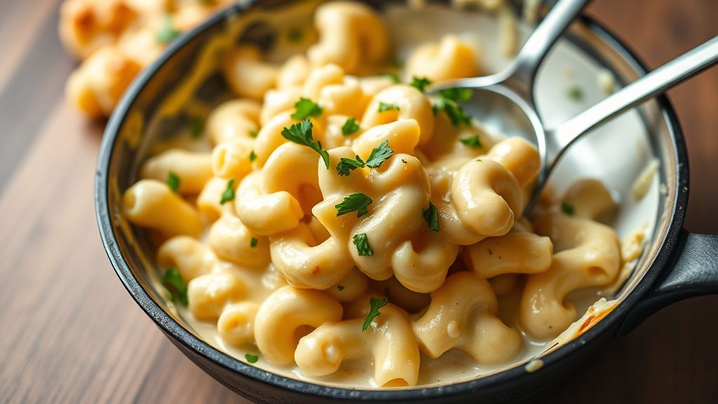Serving baked mac and cheese with parsley