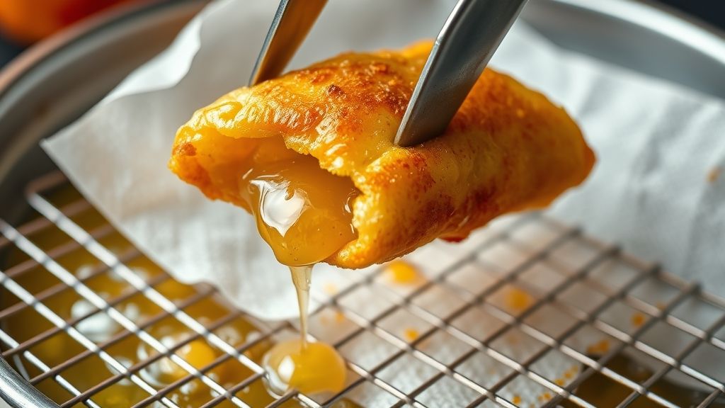 Ultra-close-up, photorealistic, 16:9 shot of a freshly fried, perfectly golden brown and crispy apple pie egg roll being carefully lifted from the hot oil with tongs, dripping lightly, and placed onto a paper towel-lined wire rack to drain. The golden yellow hue is prominent, no text.