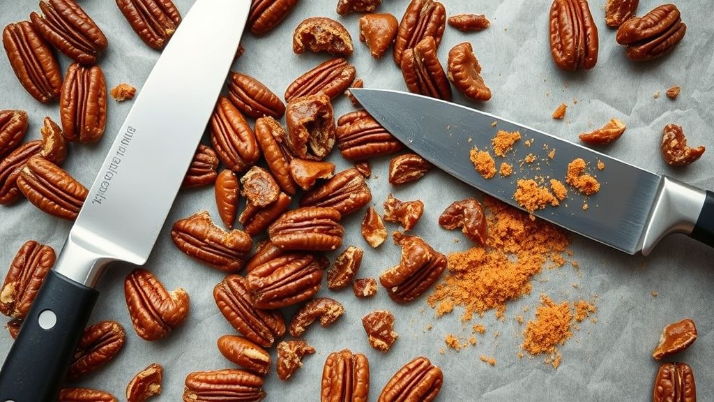 An overhead shot of hardened toffee-coated pecans spread on a baking paper-lined tray, with some pieces already broken into large chunks. A chef's knife is poised next to them, ready to chop the brittle toffee into smaller crumbles and dust.