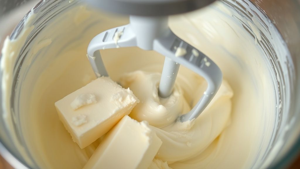 A close-up shot of softened cream cheese and unsalted butter in a stand mixer bowl, being beaten on medium-high speed with a paddle attachment. The mixture is visibly transforming into a smooth, light, and fluffy consistency.