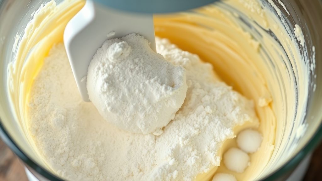 A close-up shot of a stand mixer bowl. Powdered icing sugar is being slowly added in batches to the creamed butter and cream cheese mixture. A rubber spatula is poised to scrape down the sides of the bowl. Vanilla extract and a pinch of salt are visible nearby, ready to be incorporated.