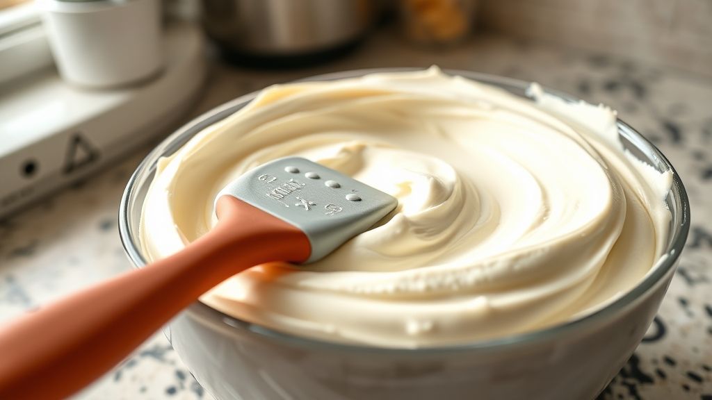 A perfectly smooth and fluffy bowl of cream cheese frosting, ready for use, sits on a countertop. A rubber spatula is resting in the bowl, showing its creamy texture. The setting suggests a kitchen environment with natural light.