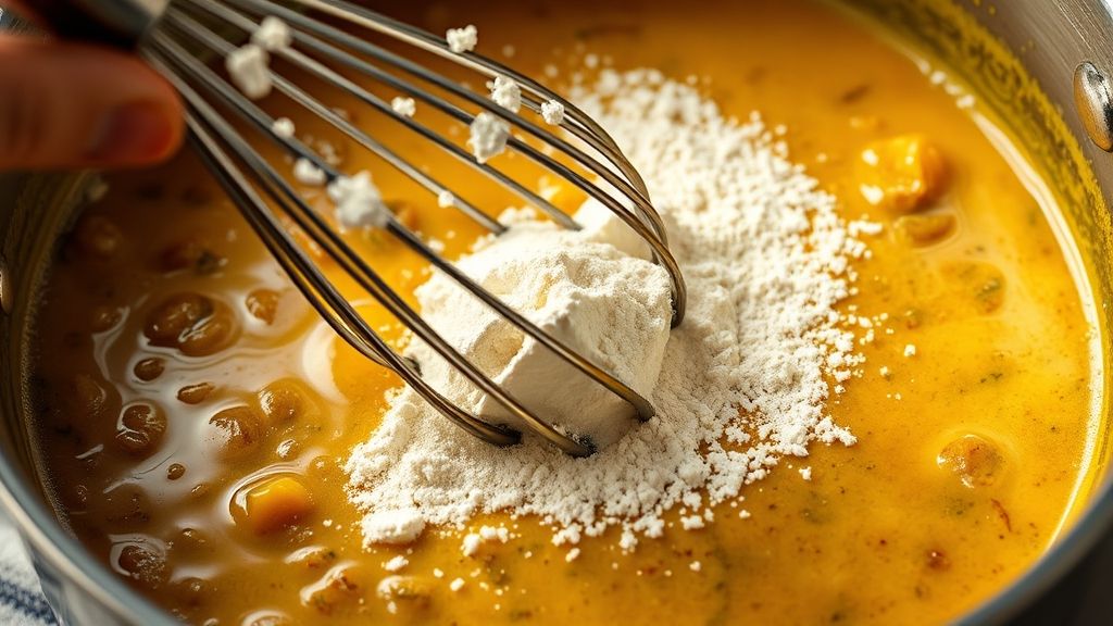 Ultra-close-up shot, 16:9 widescreen, of a hand whisking flour into the softened 'holy trinity' vegetables in a golden-yellow tinted saucepan. The roux is starting to form, showing a pale golden color and a slightly granular texture. Photorealistic, no text.