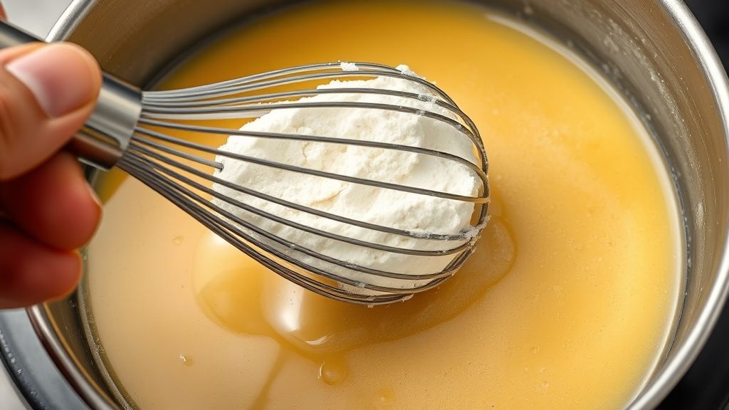 Whisking flour into hot oil to make a roux