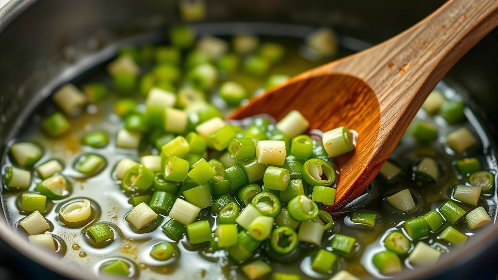 Faire revenir des oignons verts dans du beurre pour la sauce à enchiladas