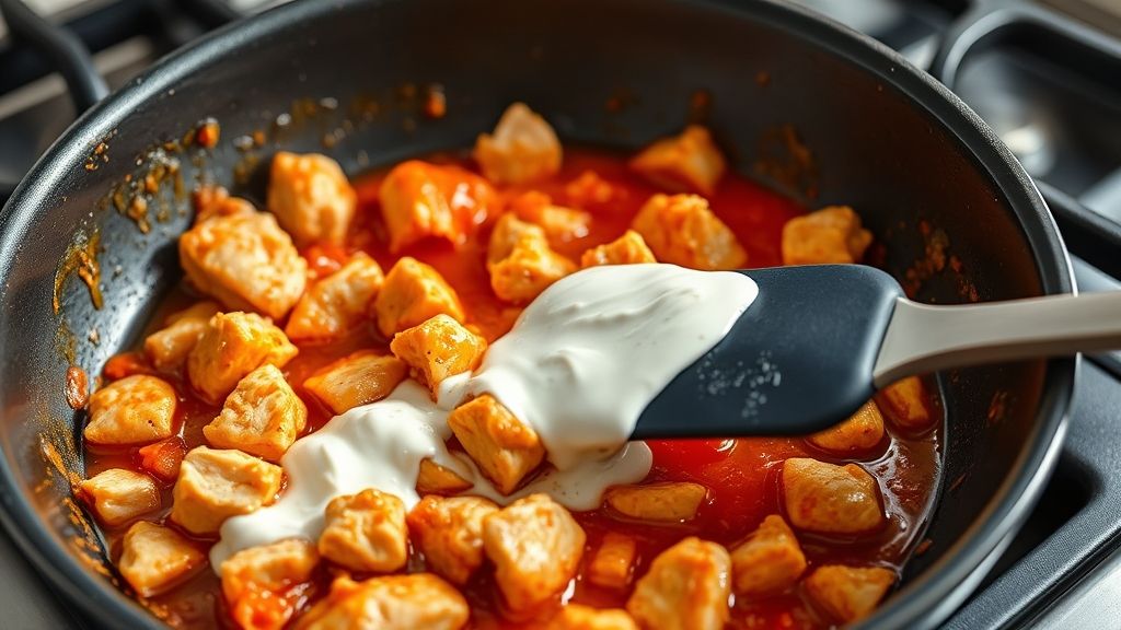 Cooking chicken, hot sauce, cream cheese, and ranch in a skillet
