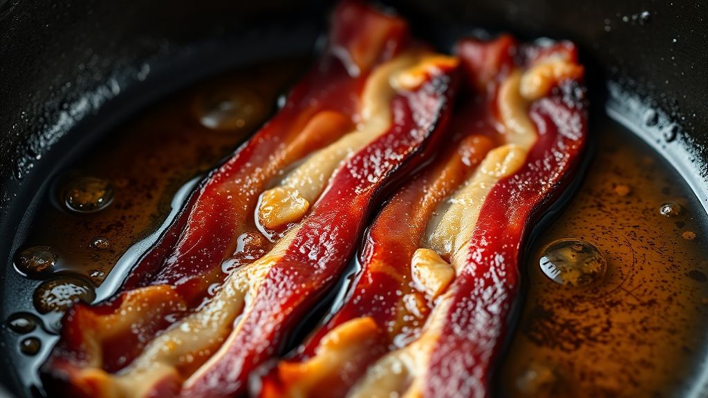 Ultra-close-up shot of two strips of bacon sizzling in a hot cast iron skillet, perfectly browned and crisp, with rendered fat glistening. Golden yellow tones, 16:9 widescreen.
