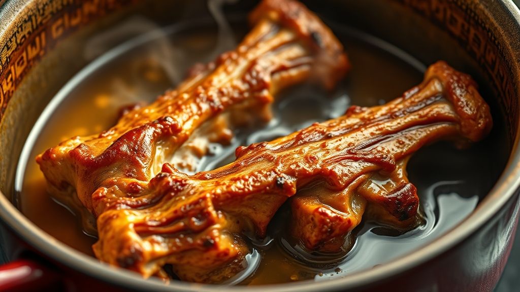Ultra-Nahaufnahme, fotorealistisches 16:9-Bild, das zeigt, wie Schweinenackenknochen in einem heißen Bräter schön braun werden. Die Knochen haben eine tief goldbraune Kruste, mit sichtbarem Öl, das um sie herum zischt. Leichter Dampf steigt auf. Der Topf selbst sollte einen warmen, einladenden Glanz haben, wobei goldgelbe (#fdc754) Töne die Szene dominieren.