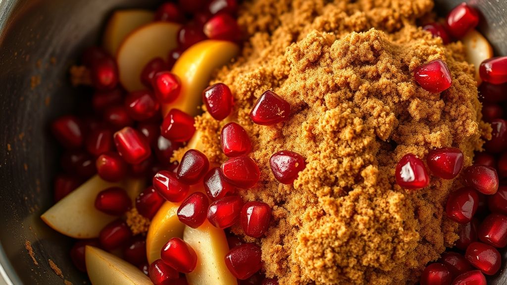 Ultra-close-up of vibrant red pomegranate seeds and thinly sliced apples mixed with brown sugar, cinnamon, and nutmeg in a large mixing bowl. The fruit glistens with the spices. Photorealistic, 16:9 widescreen aspect ratio, with golden yellow tones (#fdc754).