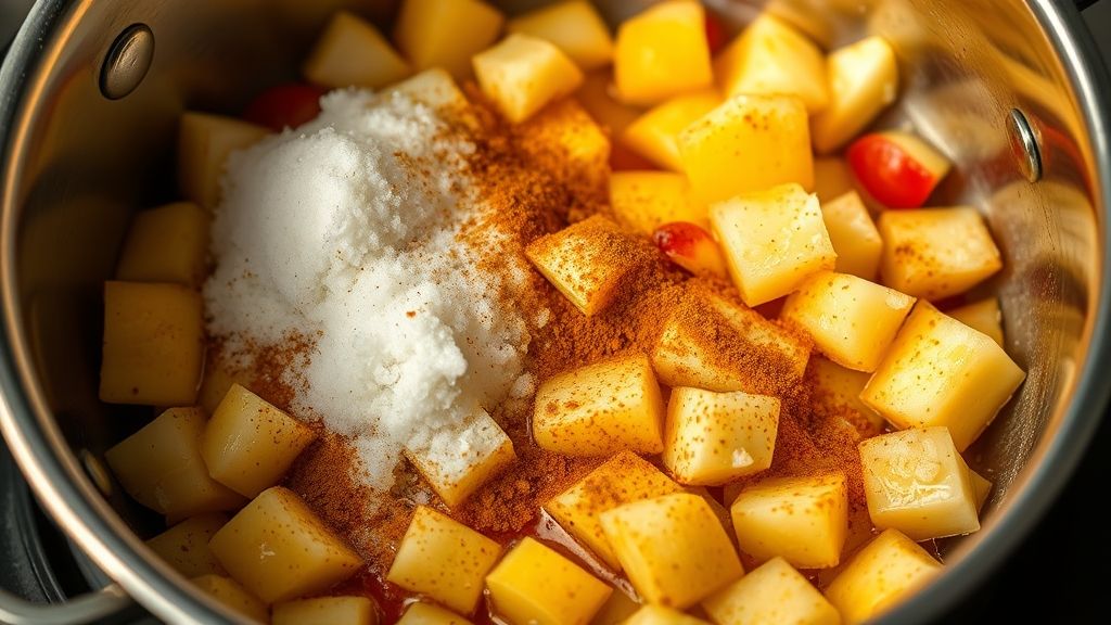 Ultra-close-up, photorealistic, 16:9 shot inside a large stainless steel saucepan, showing brightly colored chopped apples mixed with glistening sugar, fresh lemon juice, fragrant ground cinnamon, and a sprinkle of salt. The light is warm golden yellow, highlighting the moisture and spices, no text.