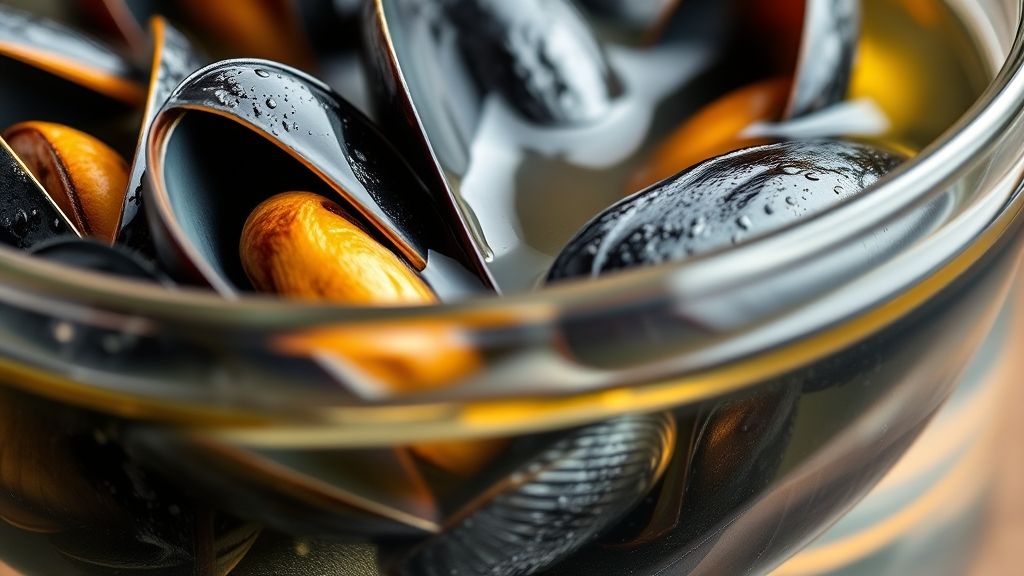Primerísimo plano de mejillones recién frotados sumergidos en un cuenco de vidrio transparente con agua fría, enfatizando su condición prístina. El agua tiene un ligero tinte dorado. Fotorealista, pantalla panorámica 16:9.