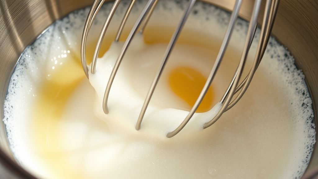 Ultra-close-up, photorealistic 16:9 image of a chilled stainless steel mixing bowl where egg whites are being whisked, just starting to turn frothy and white, with small air bubbles forming. The whisk is partially visible, creating gentle movement. The lighting emphasizes the airy texture, with warm golden-yellow (#fdc754) highlights.