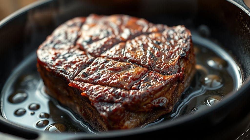 Ultra-close-up, photorealistic shot of beef chuck roast searing in a hot cast iron skillet, developing a deep, caramelized brown crust. Oil sizzles around the meat, emphasizing the high heat. Focus on the rich brown color and texture. Warm golden yellow (#fdc754) lighting. 16:9 widescreen.