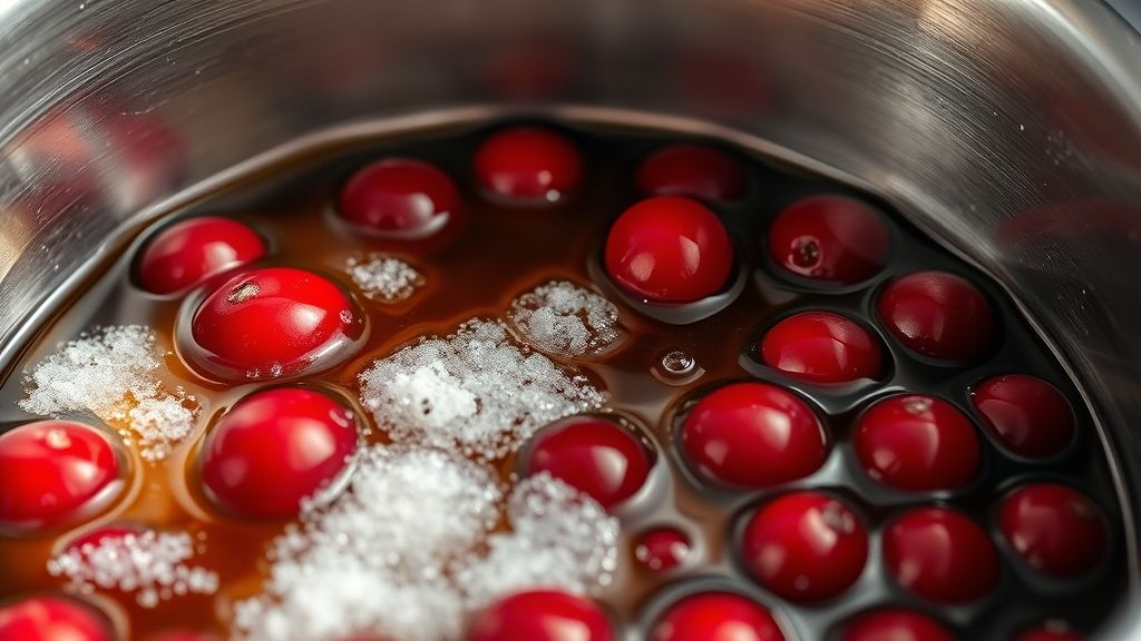 Ultra-Nahaufnahme, fotorealistisches 16:9-Bild von frischen roten Cranberries, dunklem Ahornsirup, weißem Zucker und Wasser, die sanft in einem glänzenden Edelstahltopf köcheln. Kleine Blasen bilden sich, mit einem sanften goldgelben Schimmer von der Hitze darunter.