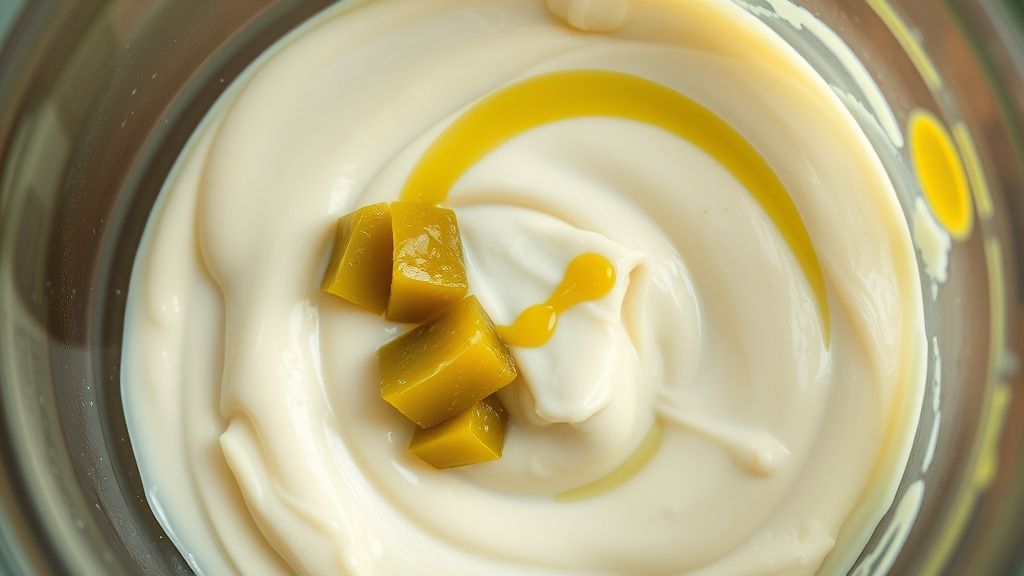Una toma aérea de cerca de los ingredientes que se combinan en un tazón de vidrio transparente. La mayonesa cremosa forma la base, con encurtido de pepinillos dulces de color verde brillante, una raya de mostaza amarilla y un chorro de jugo de limón fresco mezclándose visiblemente. Las texturas son distintas, con destellos de luz amarilla dorada reflejándose en el borde del tazón. Fotorealista, proporción de aspecto 16:9, sin texto.