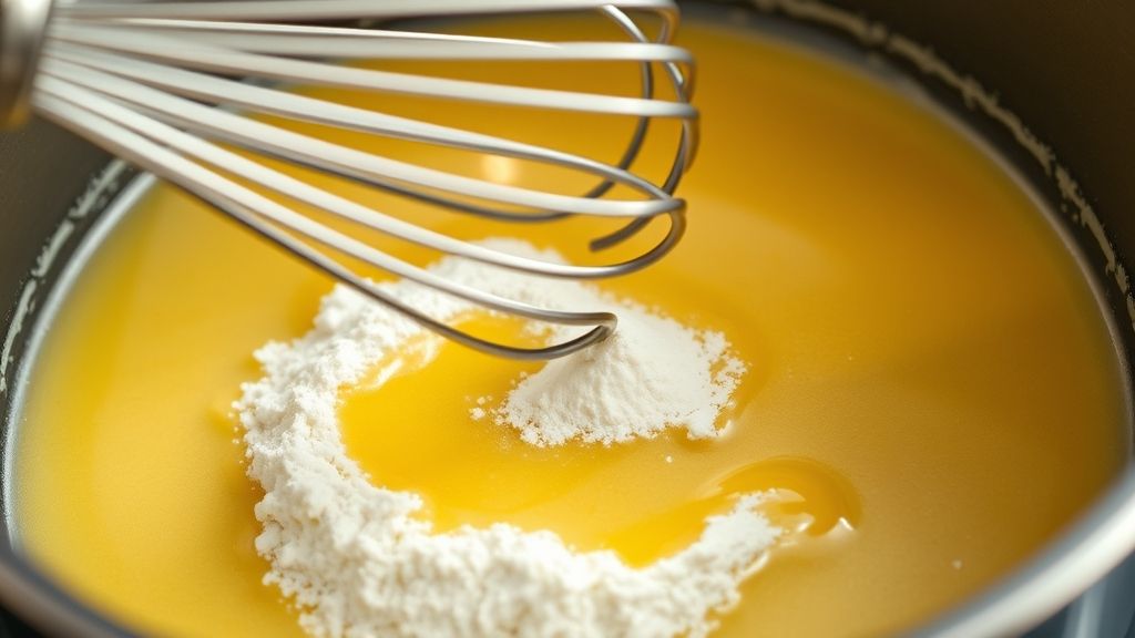 Ultra-Nahaufnahme eines Schneebesens, der langsam Allzweckmehl in geschmolzene Butter und goldenen Knoblauch in einem Soßentopf einarbeitet. Die Mischung verwandelt sich in eine glatte, dicke Mehlschwitze mit einem reichen goldgelben Farbton (#fdc754). Fotorealistisch, 16:9 Breitbild-Format.
