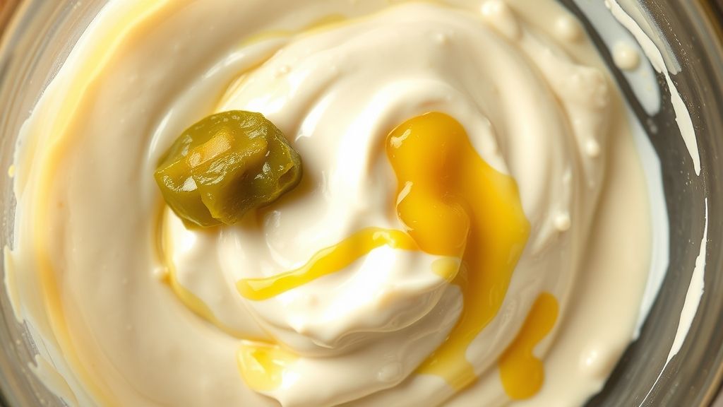 Eine Nahaufnahme von oben, wie die Zutaten in einer klaren Glas-Schüssel vermischt werden. Cremige Mayonnaise bildet die Basis, mit hellgrünem süßem Pickles-Relish, einem Streifen gelben Senfs und einem Spritzer frischem Zitronensaft, die sichtbar vermischt werden. Die Texturen sind deutlich zu erkennen, mit Anklängen von goldgelbem Licht, das sich am Rand der Schüssel spiegelt. Fotorealistisch, Seitenverhältnis 16:9, kein Text.