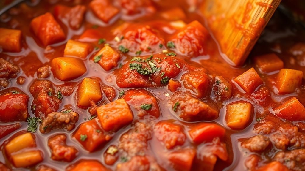 Close-up shot of a rich red mixture in a saucepan, showing diced tomatoes, tomato sauce, and thick tomato paste being stirred into the browned ground beef and vegetables. Sprinkles of dried oregano and basil are visible, adding to the vibrant colors. Warm, golden-yellow (#fdc754) lighting. Photorealistic, 16:9 widescreen aspect ratio.